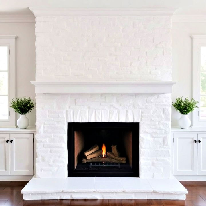 white stone fireplace with hearth