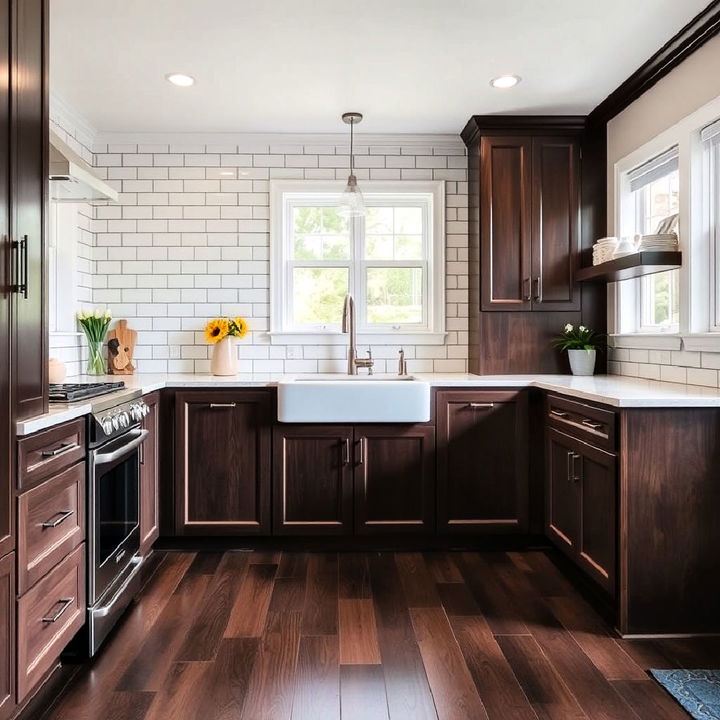 white subway tile backsplash with dark wood flooring