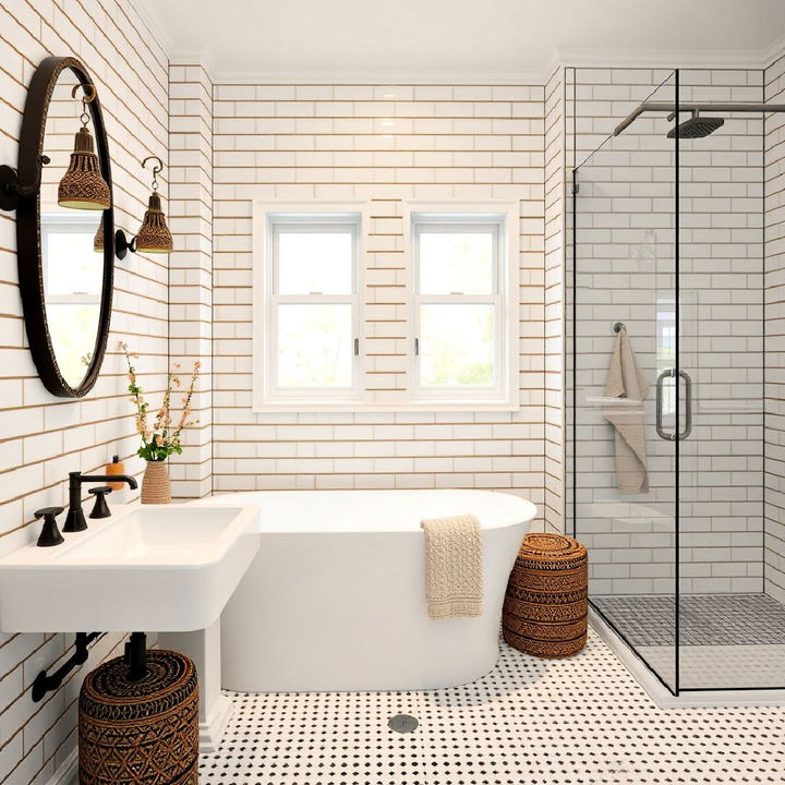 white subway tiles with brown grout for bathroom