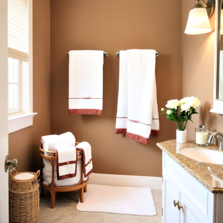 white towels with brown trim for brown and white bathroom