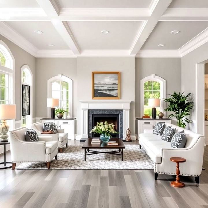 white trim and molding with grey floor