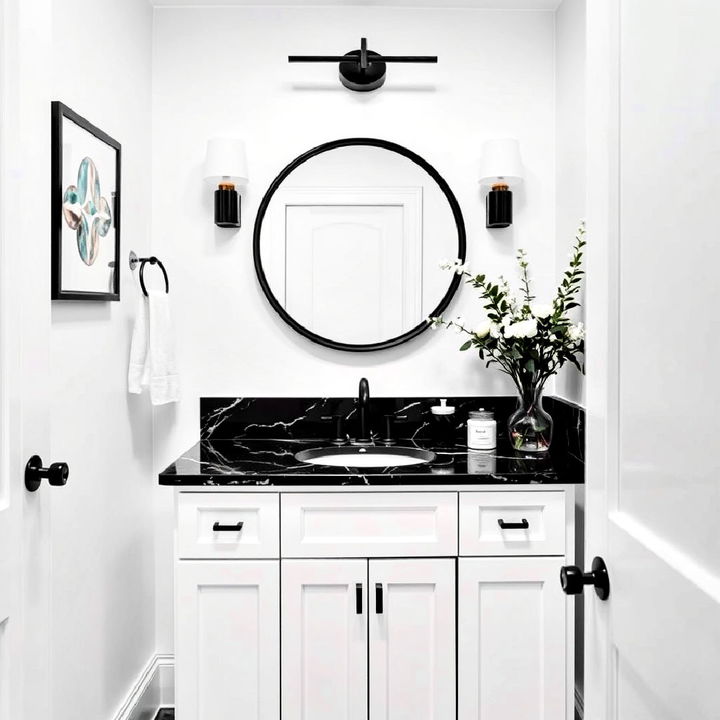 white vanity with black marble countertop