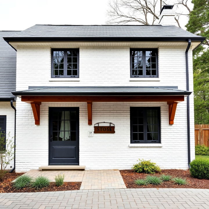 whitewashed brick cottage exterior