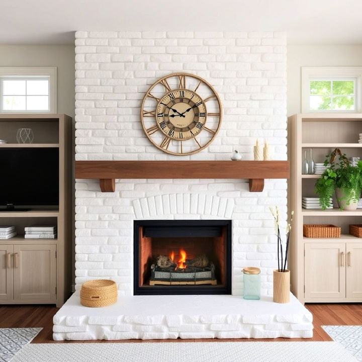 whitewashed faux stone fireplace