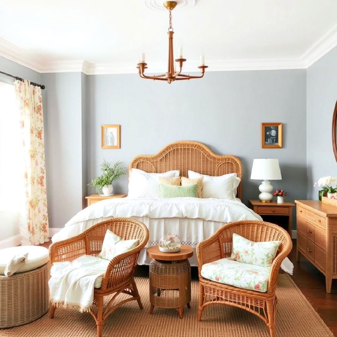 wicker accents bedroom for texture and charm