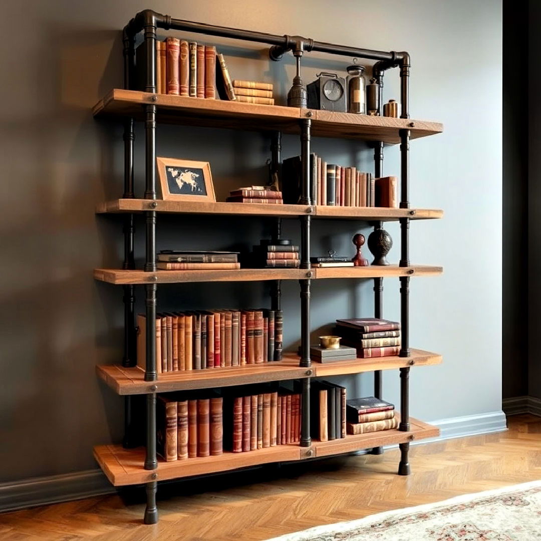wood and metal bookshelves