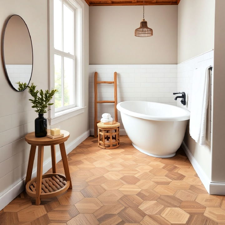 wood look hexagon tiles bathroom