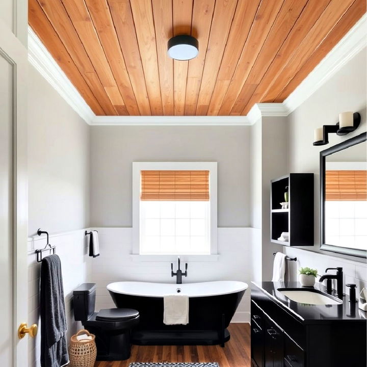 wood panel ceiling with black fixtures