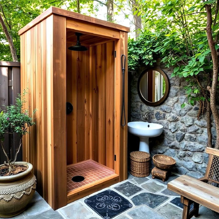 wooden shower enclosure with natural stone floor