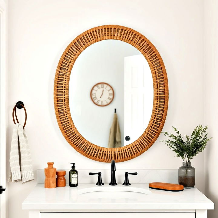 woven rattan frame mirror for farmhouse bathroom