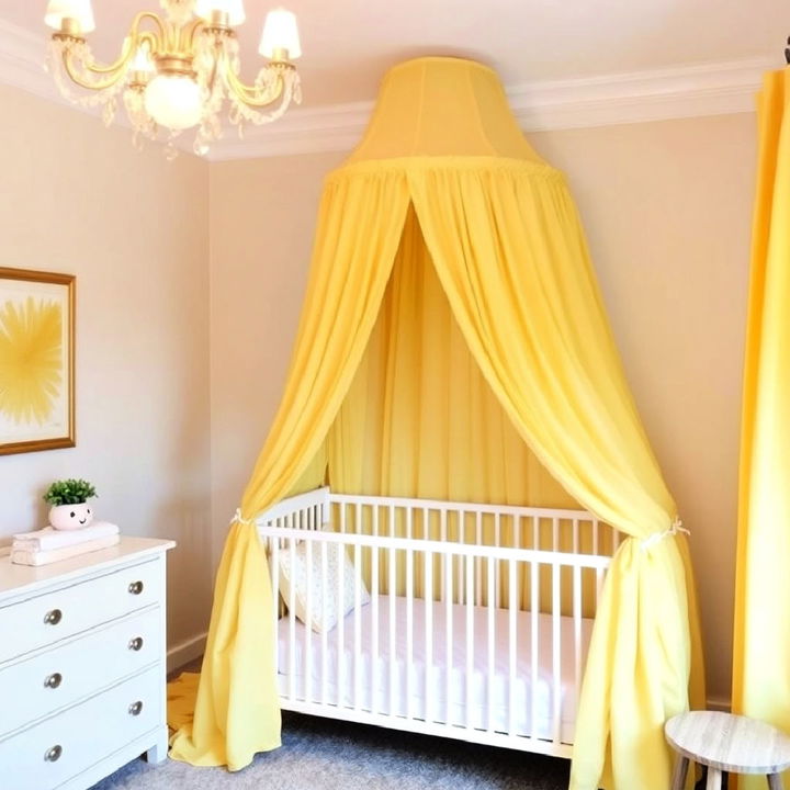 yellow canopy draped over the crib