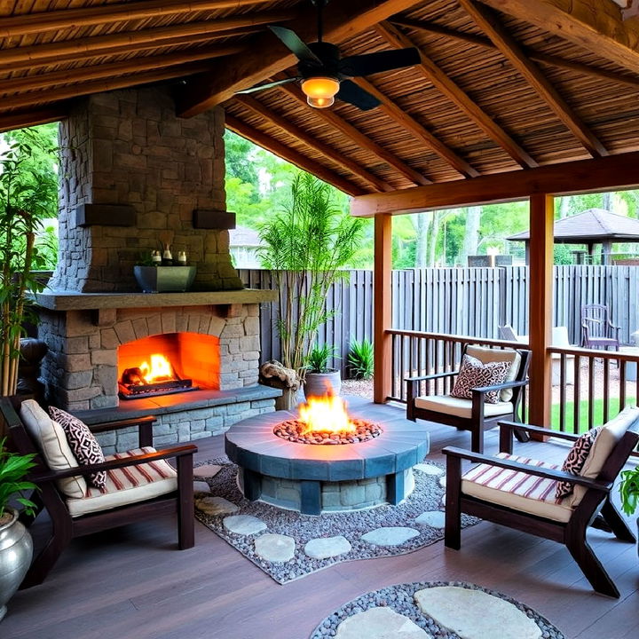 zen inspired deck with fireplace