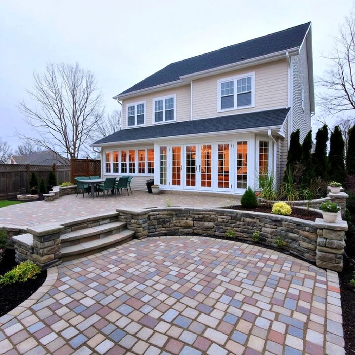 add depth with a multi level cobblestone patio design