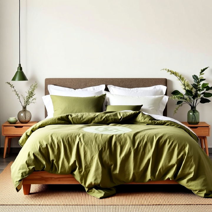 add olive green bedding for a cozy touch