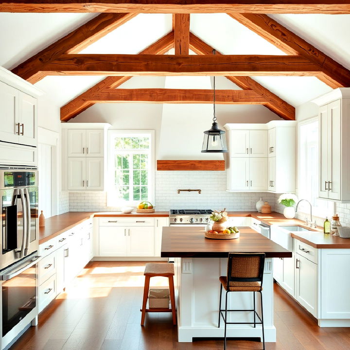 add rustic wood beams to a farmhouse kitchen