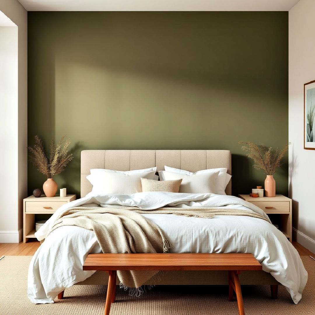 add tranquility to your bedroom with olive green accent wall