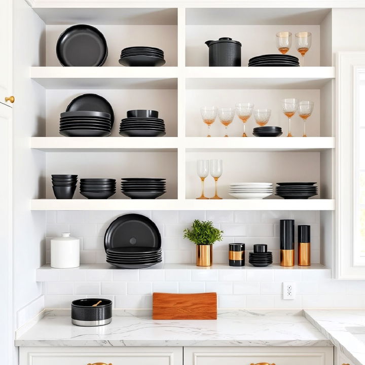 airy white shelving styled with black and gold accents