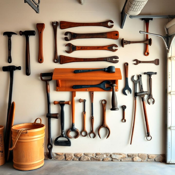 antique and rustic garage tools wall display