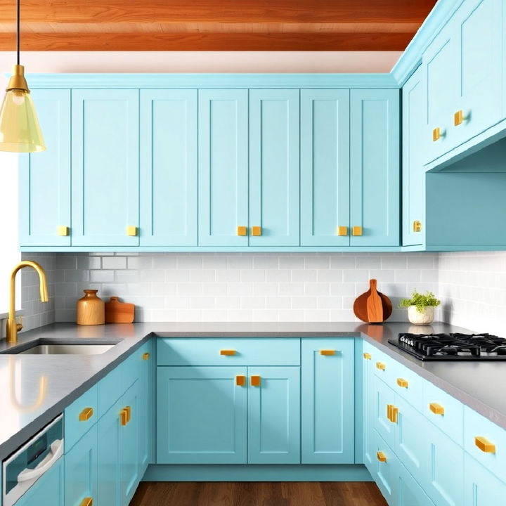 aqua blue cabinets with clean gold square knobs