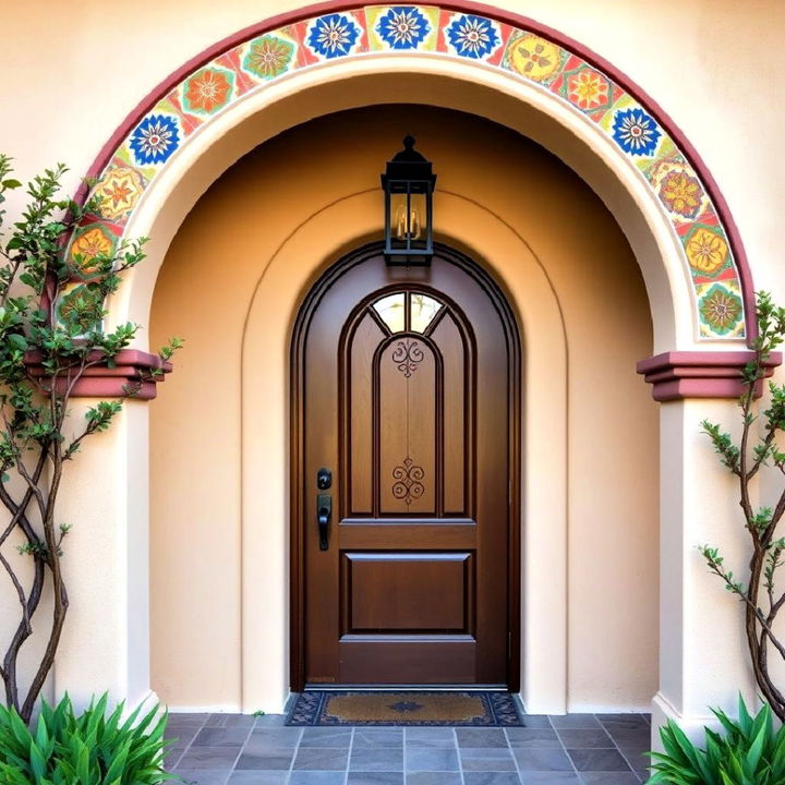 arched doorway with striking spanish style tile surround