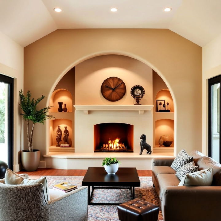 arched fireplace with built in alcove