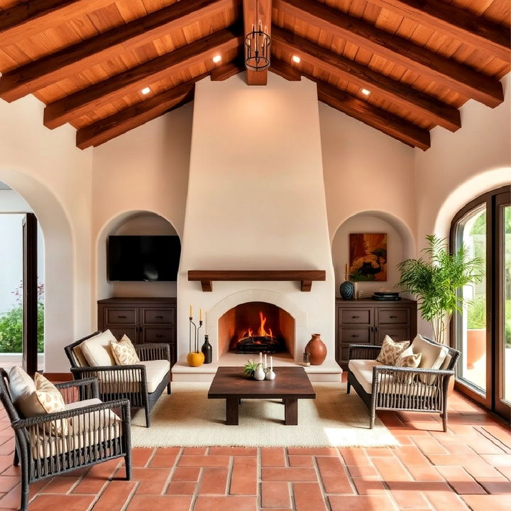 arched stucco hearth fireplace