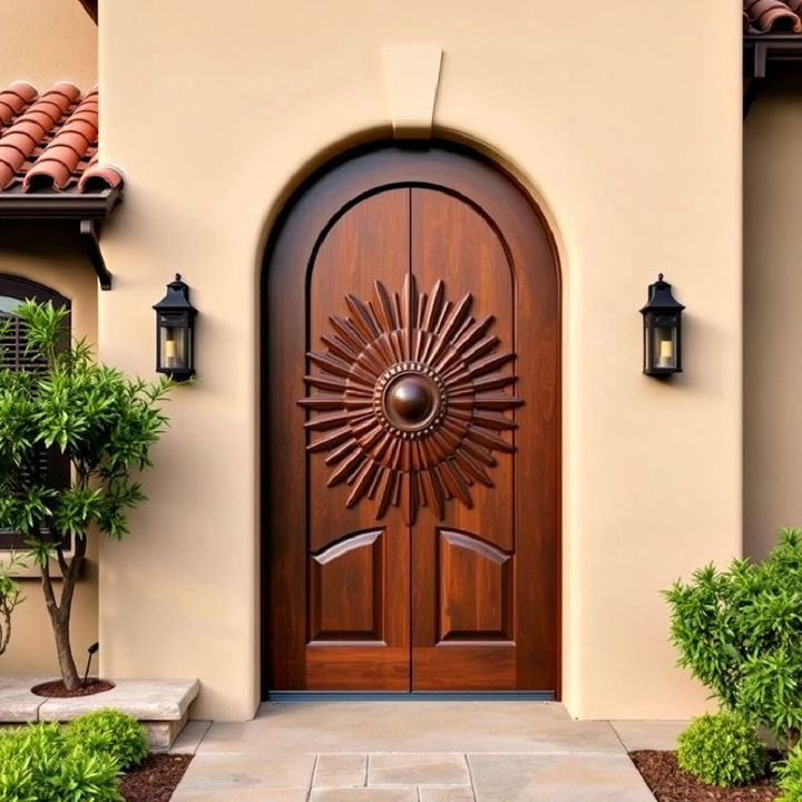 arched wooden front door with a dynamic sunburst pattern