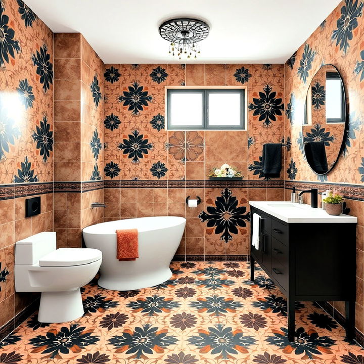 artistic brown and black patterned tiles bathroom for a unique look