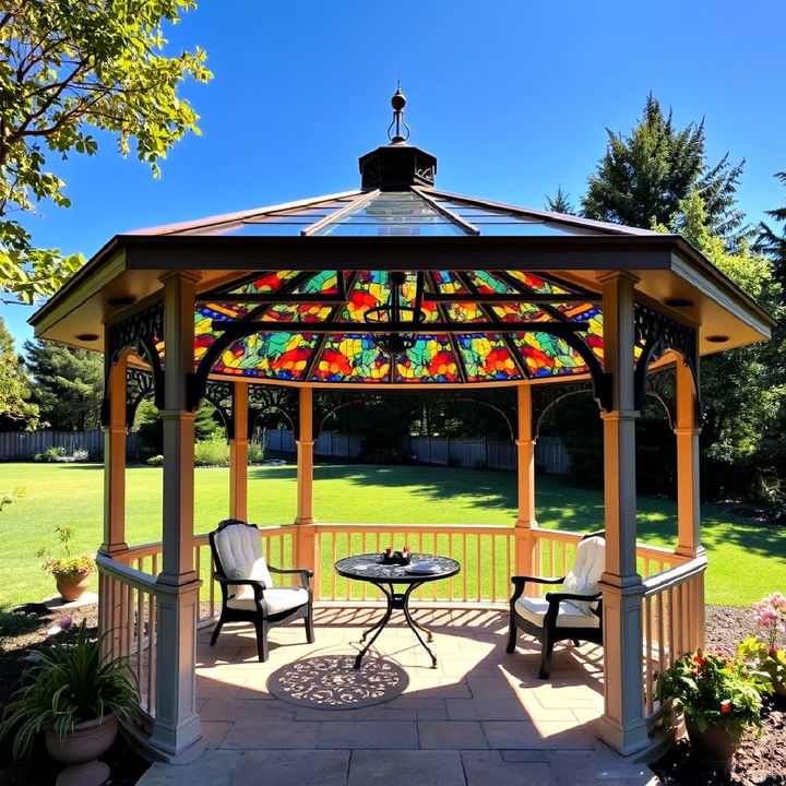 artistic gazebo with stunning stained glass accents