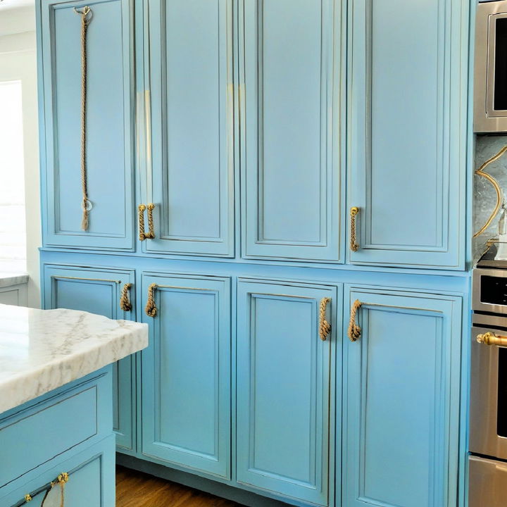 baby blue kitchen cabinets with gold rope style knobs