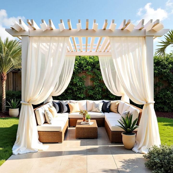 backyard coastal pergola with breezy curtains