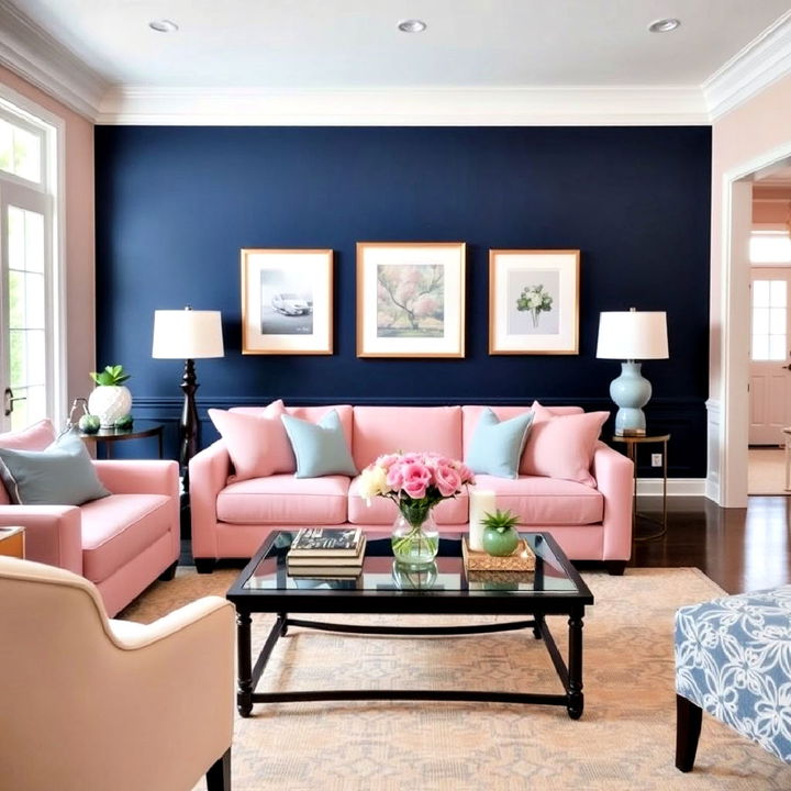 balanced light pink and dark blue in transitional spaces