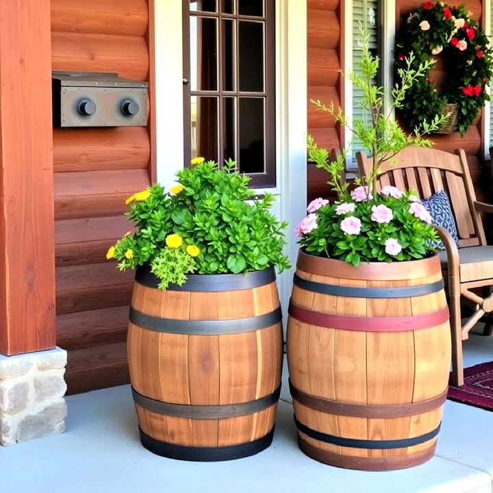 barrel planters for rustic charm