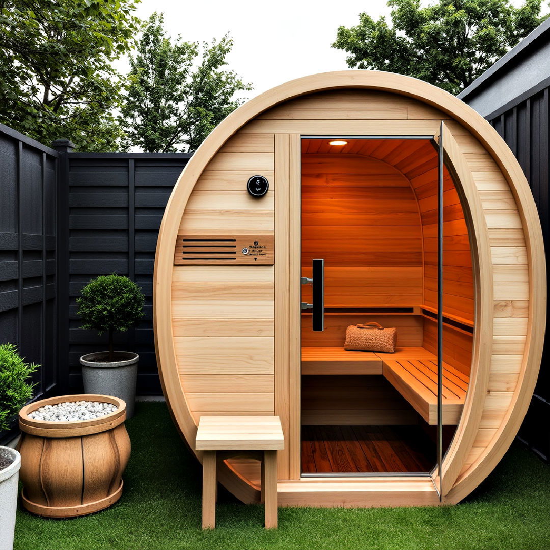 barrel shaped sauna for small outdoor area