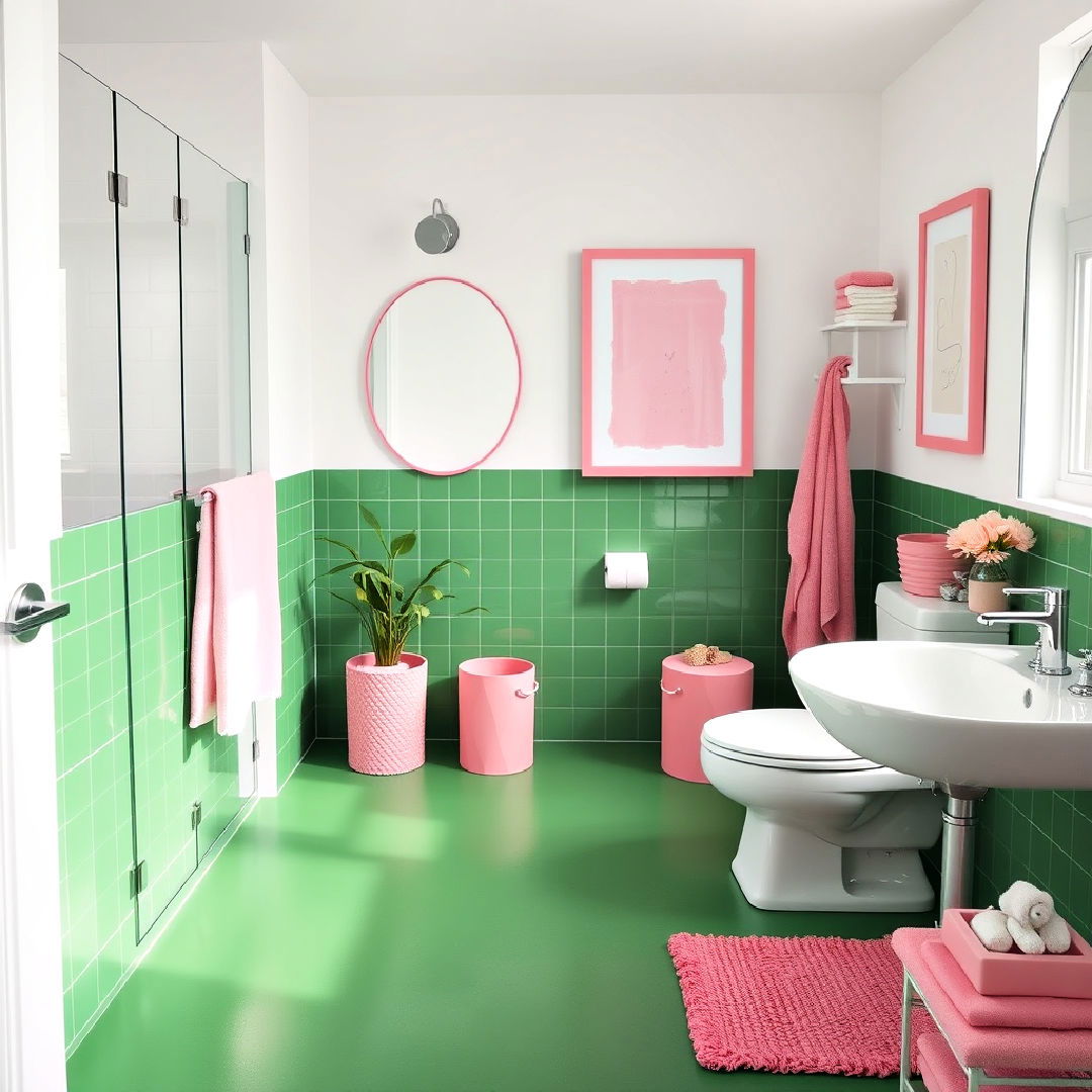 bathroom green floor with pink accessories