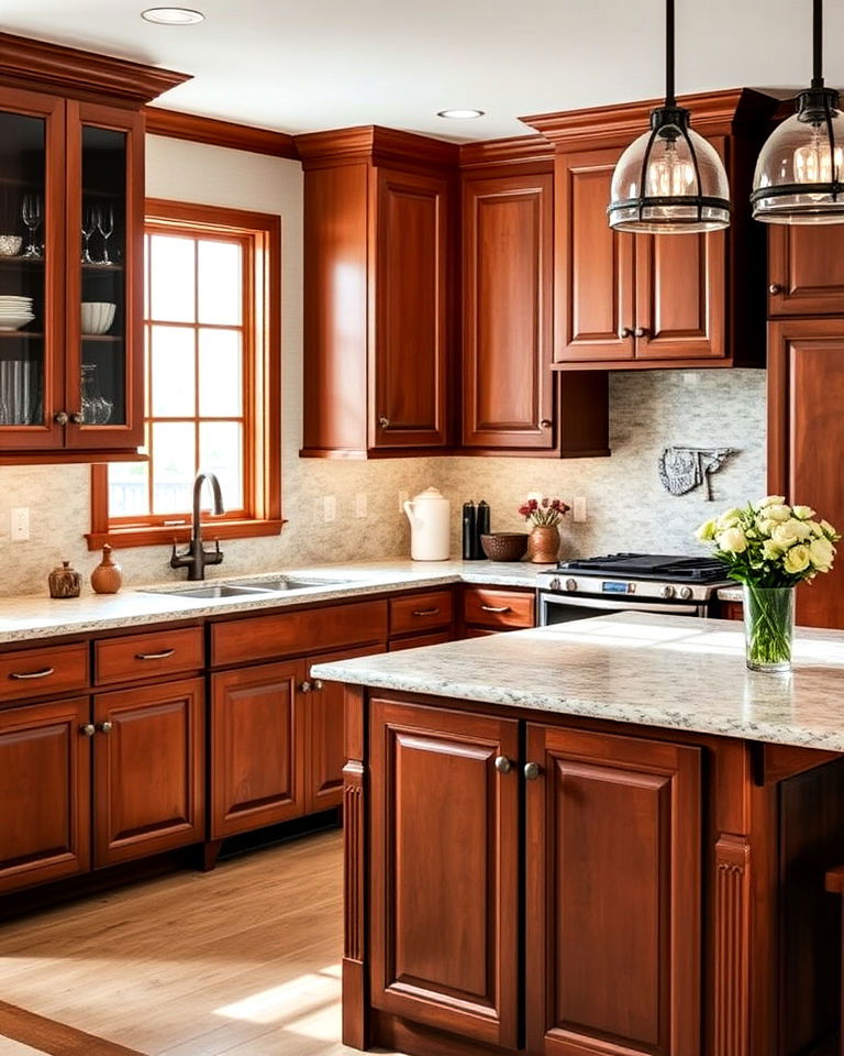 beautiful cherry cabinets paired with stone countertops