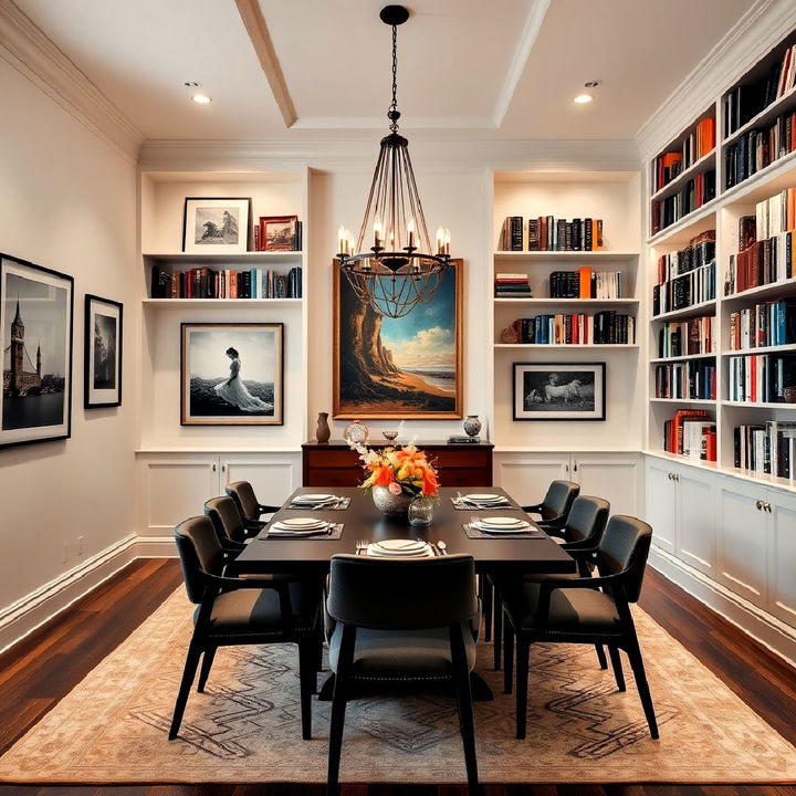 beautiful gallery style library and dining space