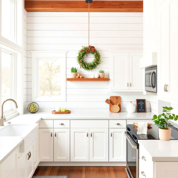 beautiful shiplap kitchen walls with white cabinets