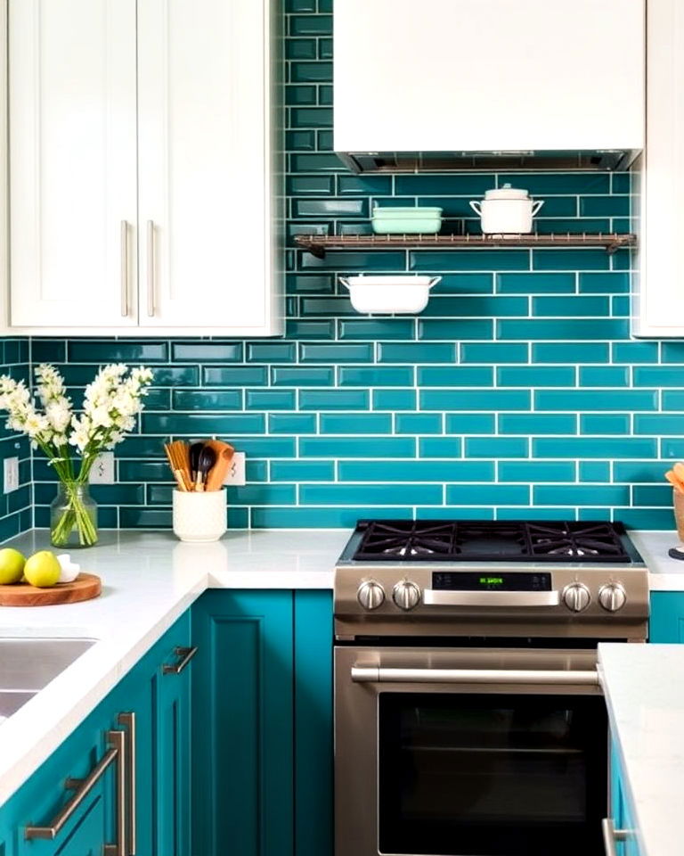 beautiful white countertops with teal kitchen backsplash