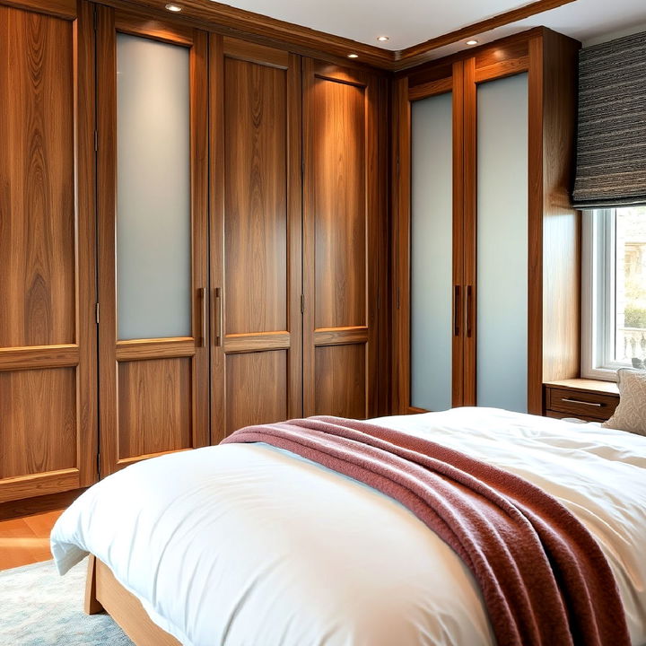 bedroom built in wood and glass wardrobe