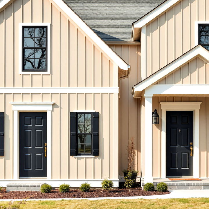 beige board and batten house with black door