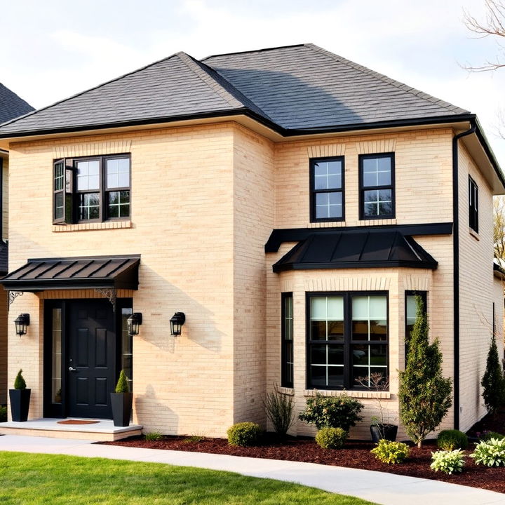 beige brick house and black roof idea