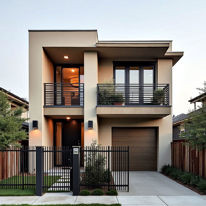 beige concrete house with black metal railing