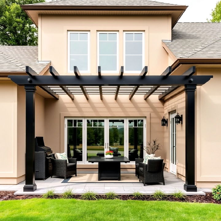 beige house exterior with black pergola