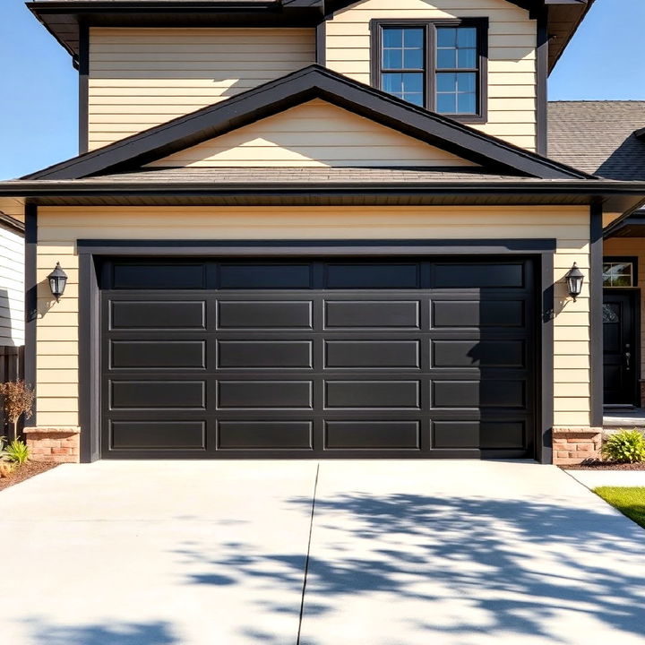 beige house siding with black garage door