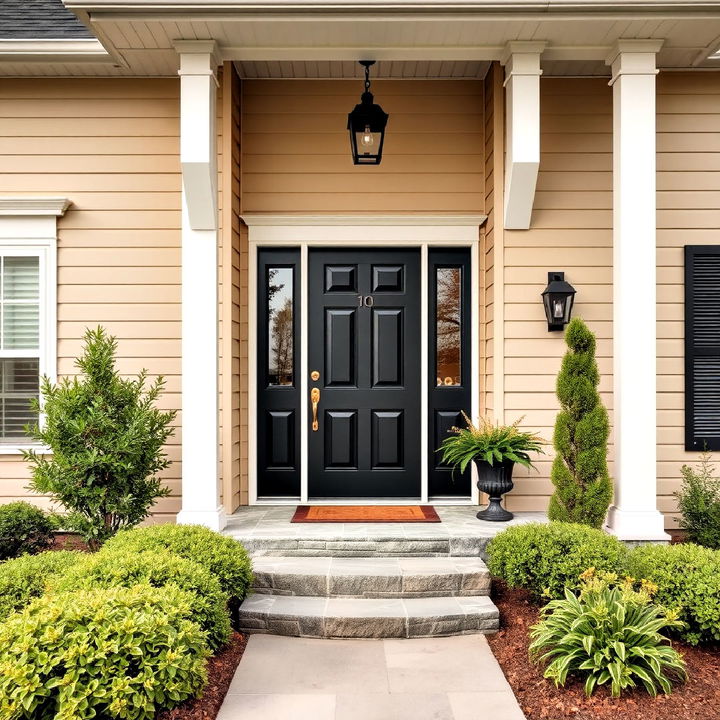 beige house with black front door