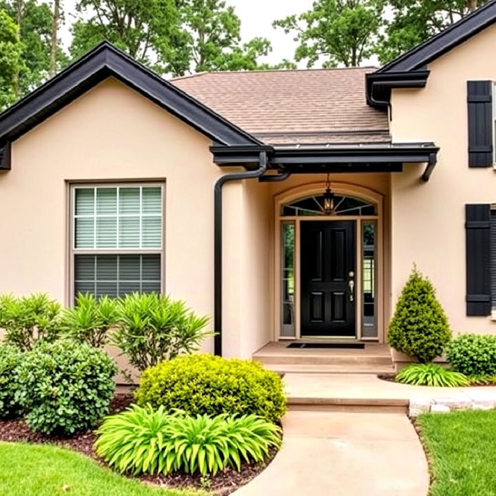 beige house with black gutters