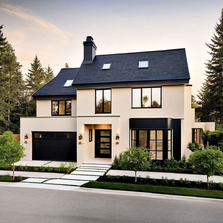 beige house with black roof and chimney