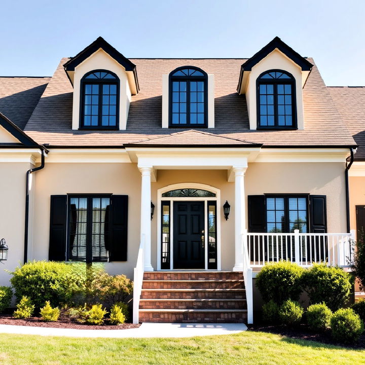 beige house with black trim on dormers