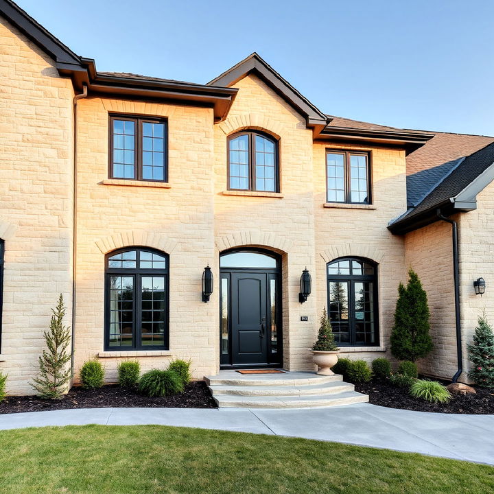 beige stone house with black trim